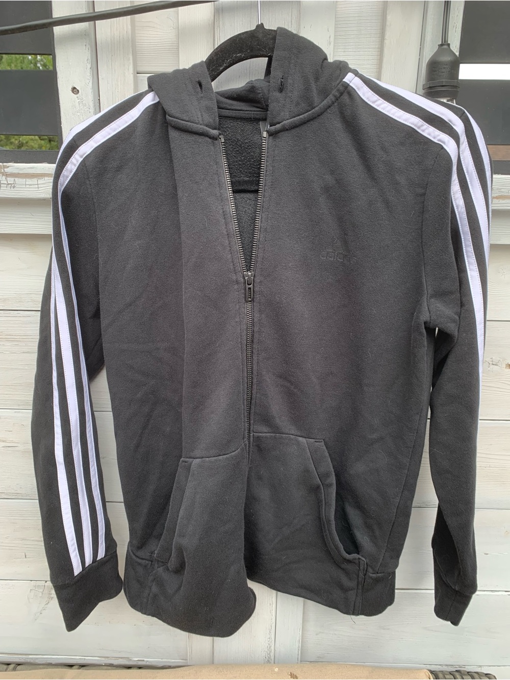 Adidas Black Hoodie with White Shoulder Stripes, Size small